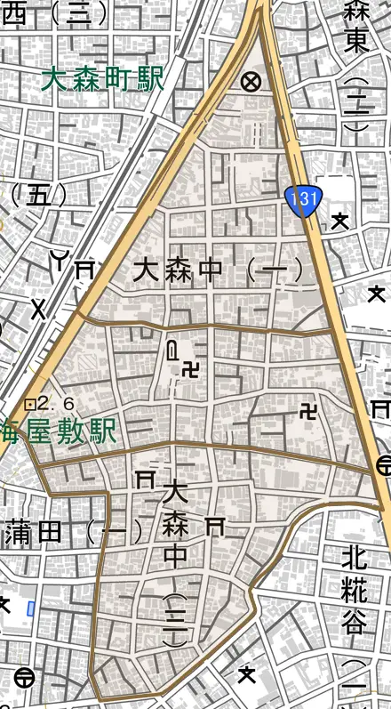 大森中とその周辺の地図。町の範囲を重ねている