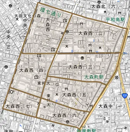大森西とその周辺の地図。町の範囲を重ねている