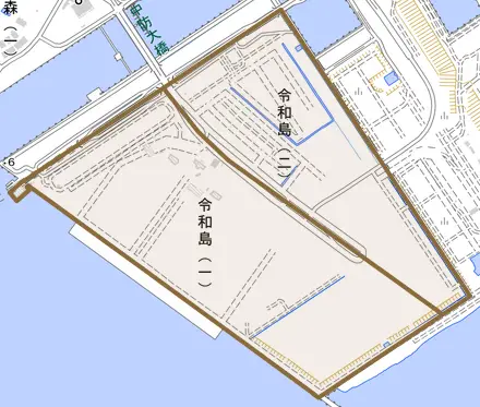 令和島とその周辺の地図。町の範囲を重ねている