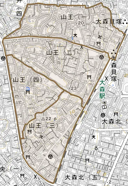 山王とその周辺の地図。町の範囲を重ねている