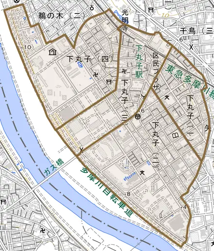 下丸子とその周辺の地図。町の範囲を重ねている