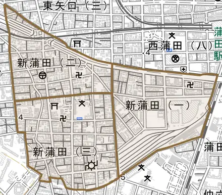 新蒲田とその周辺の地図。町の範囲を重ねている