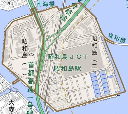 昭和島とその周辺の地図。町の範囲を重ねている