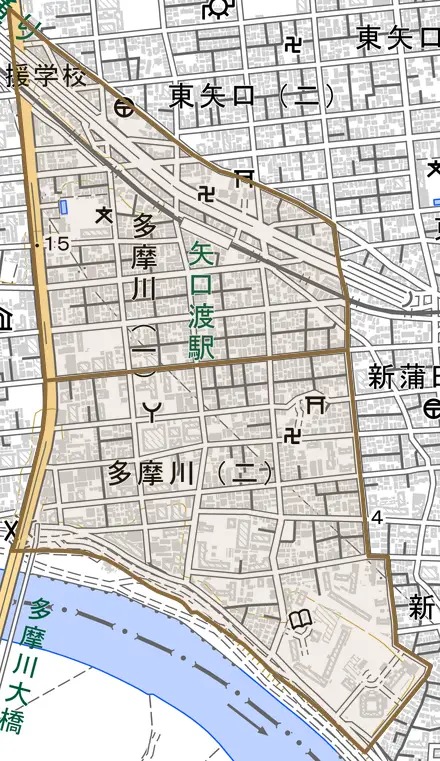 多摩川とその周辺の地図。町の範囲を重ねている