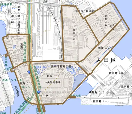 東海とその周辺の地図。町の範囲を重ねている