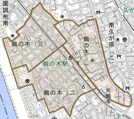 鵜の木とその周辺の地図。町の範囲を重ねている