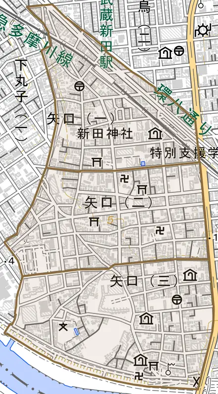 矢口とその周辺の地図。町の範囲を重ねている