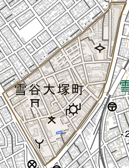 雪谷大塚町とその周辺の地図。町の範囲を重ねている