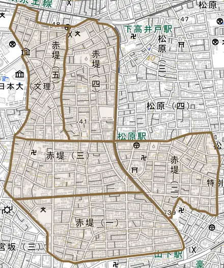 赤堤とその周辺の地図。町の範囲を重ねている