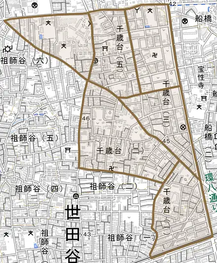 千歳台とその周辺の地図。町の範囲を重ねている