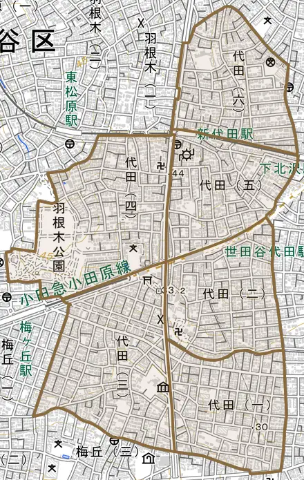 代田とその周辺の地図。町の範囲を重ねている