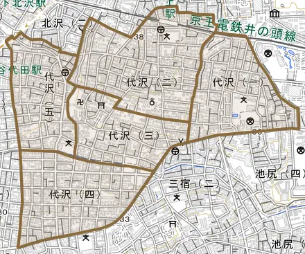 代沢とその周辺の地図。町の範囲を重ねている
