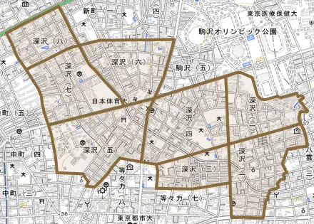 深沢とその周辺の地図。町の範囲を重ねている