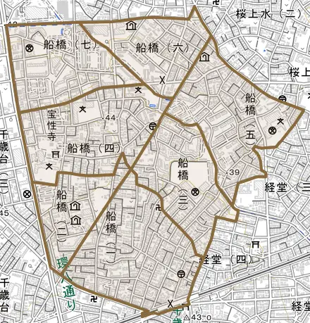船橋とその周辺の地図。町の範囲を重ねている