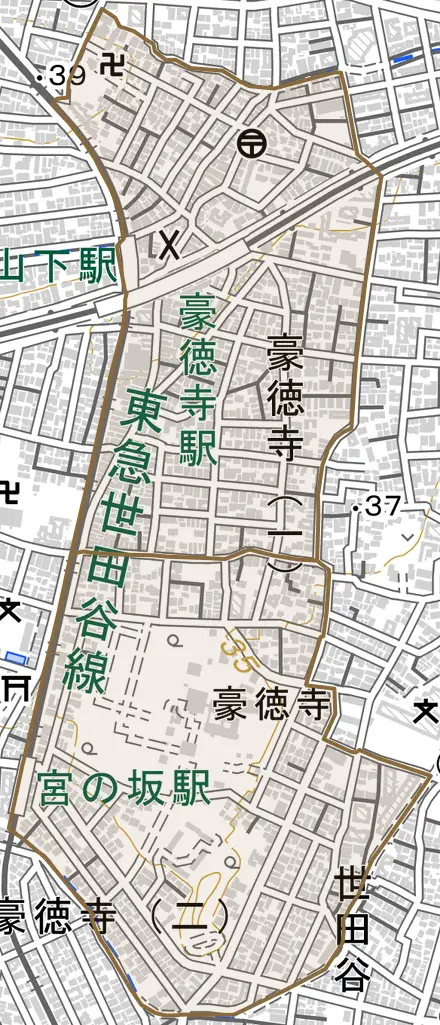 豪徳寺とその周辺の地図。町の範囲を重ねている