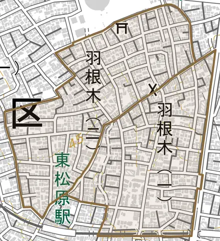 羽根木とその周辺の地図。町の範囲を重ねている