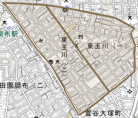 東玉川とその周辺の地図。町の範囲を重ねている