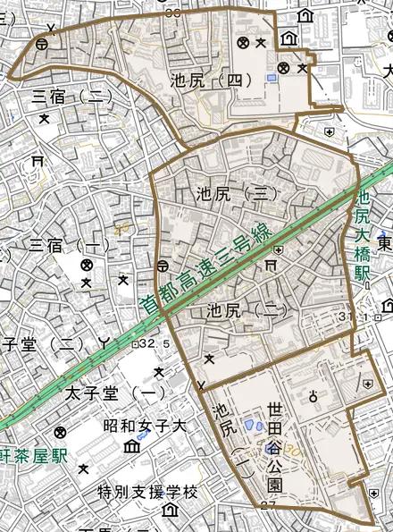 池尻とその周辺の地図。町の範囲を重ねている
