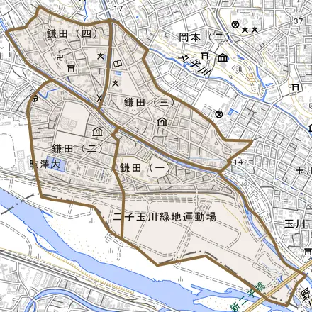 鎌田とその周辺の地図。町の範囲を重ねている