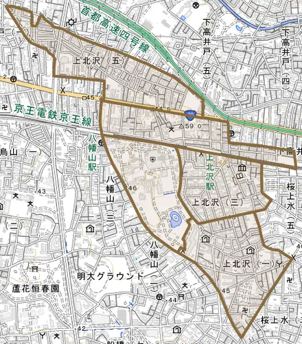 上北沢とその周辺の地図。町の範囲を重ねている