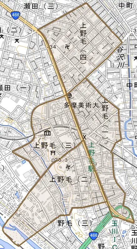 上野毛とその周辺の地図。町の範囲を重ねている
