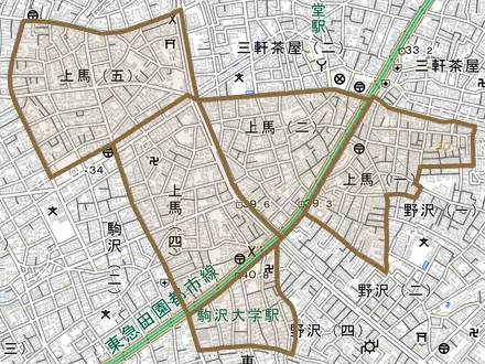 上馬とその周辺の地図。町の範囲を重ねている