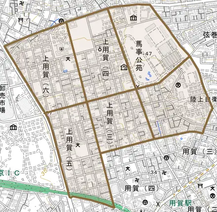 上用賀とその周辺の地図。町の範囲を重ねている