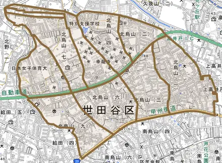 北烏山とその周辺の地図。町の範囲を重ねている