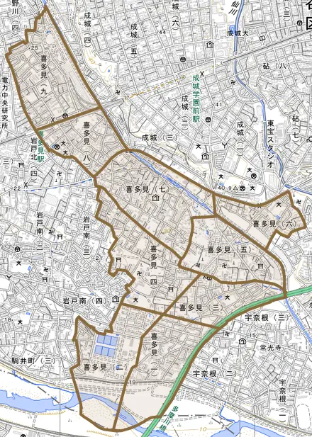 喜多見とその周辺の地図。町の範囲を重ねている