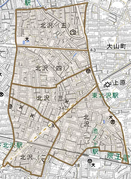 北沢とその周辺の地図。町の範囲を重ねている