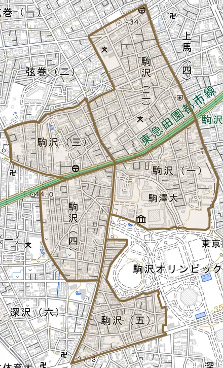 駒沢とその周辺の地図。町の範囲を重ねている