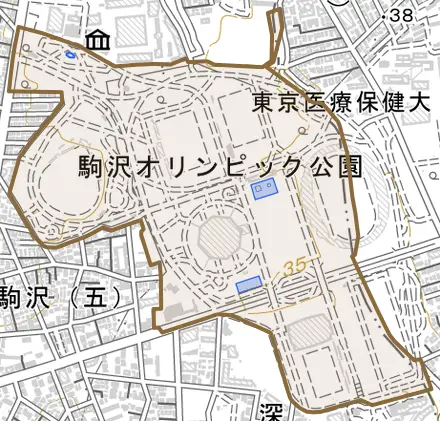 駒沢公園とその周辺の地図。町の範囲を重ねている