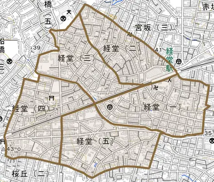 経堂とその周辺の地図。町の範囲を重ねている