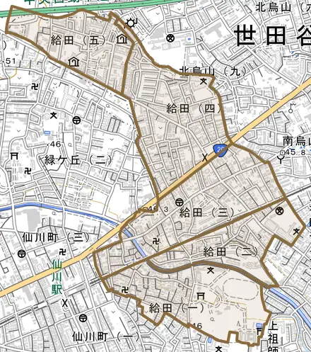 給田とその周辺の地図。町の範囲を重ねている