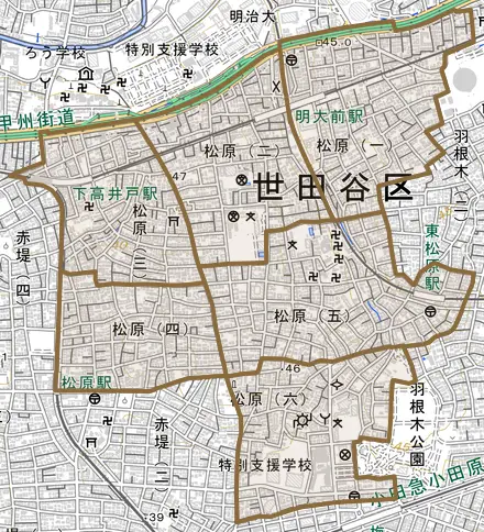 松原とその周辺の地図。町の範囲を重ねている