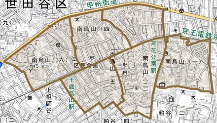 南烏山とその周辺の地図。町の範囲を重ねている