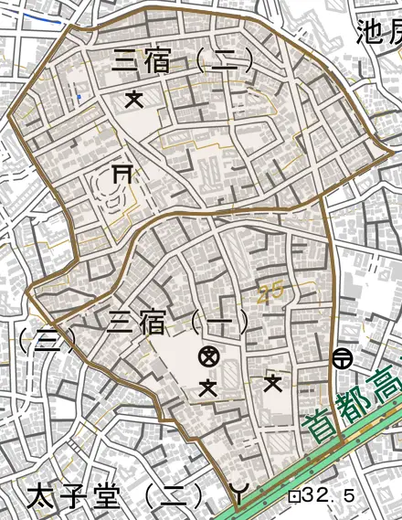 三宿とその周辺の地図。町の範囲を重ねている