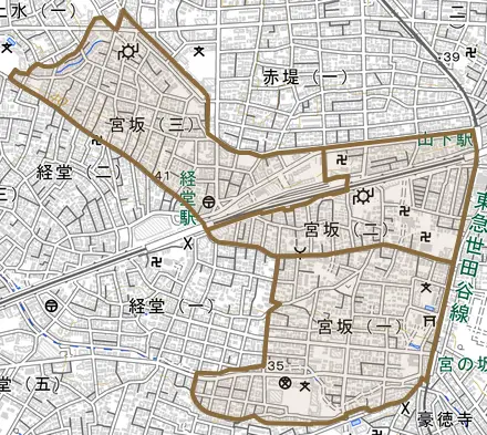 宮坂とその周辺の地図。町の範囲を重ねている