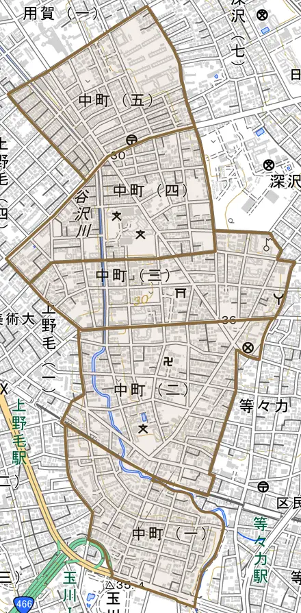 中町とその周辺の地図。町の範囲を重ねている