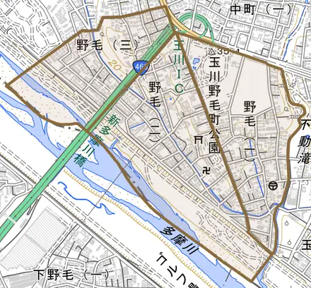 野毛とその周辺の地図。町の範囲を重ねている