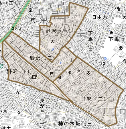 野沢とその周辺の地図。町の範囲を重ねている