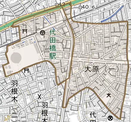 大原とその周辺の地図。町の範囲を重ねている