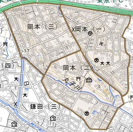 岡本とその周辺の地図。町の範囲を重ねている