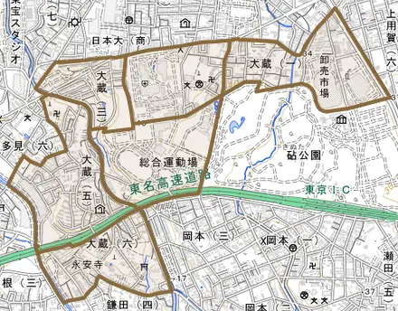 大蔵とその周辺の地図。町の範囲を重ねている