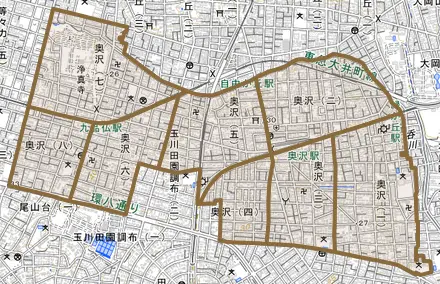 奥沢とその周辺の地図。町の範囲を重ねている