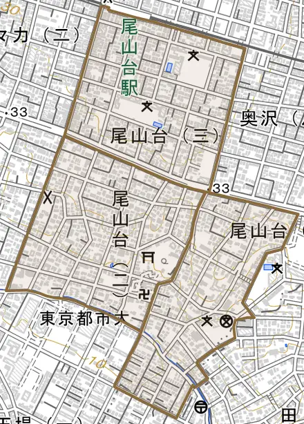 尾山台とその周辺の地図。町の範囲を重ねている
