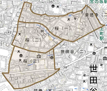 桜とその周辺の地図。町の範囲を重ねている