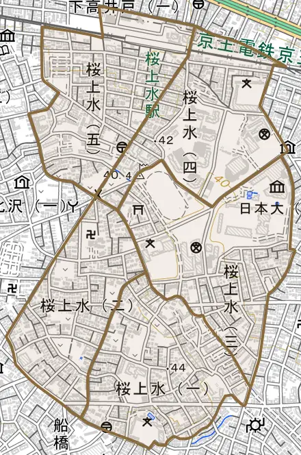 桜上水とその周辺の地図。町の範囲を重ねている