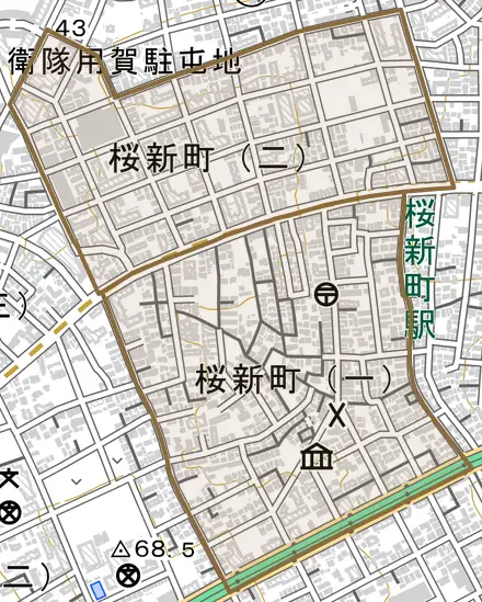桜新町とその周辺の地図。町の範囲を重ねている