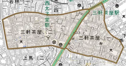 三軒茶屋とその周辺の地図。町の範囲を重ねている